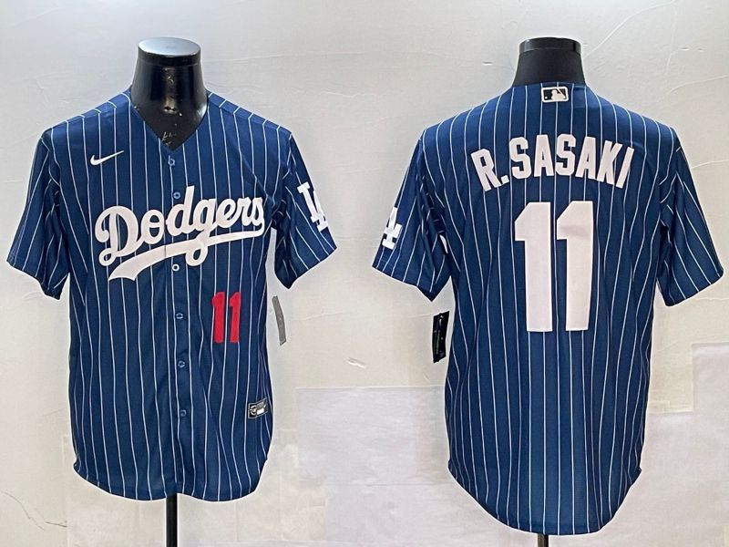 Men Los Angeles Dodgers #11 R.Sasaki Blue Stripe Fashion Game 2025 Nike MLB Jersey style 4